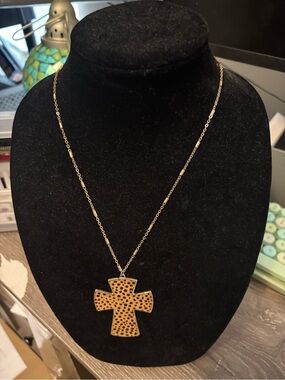 Gold-Tone Cross Pendant Necklace - Leopard Print Accent
